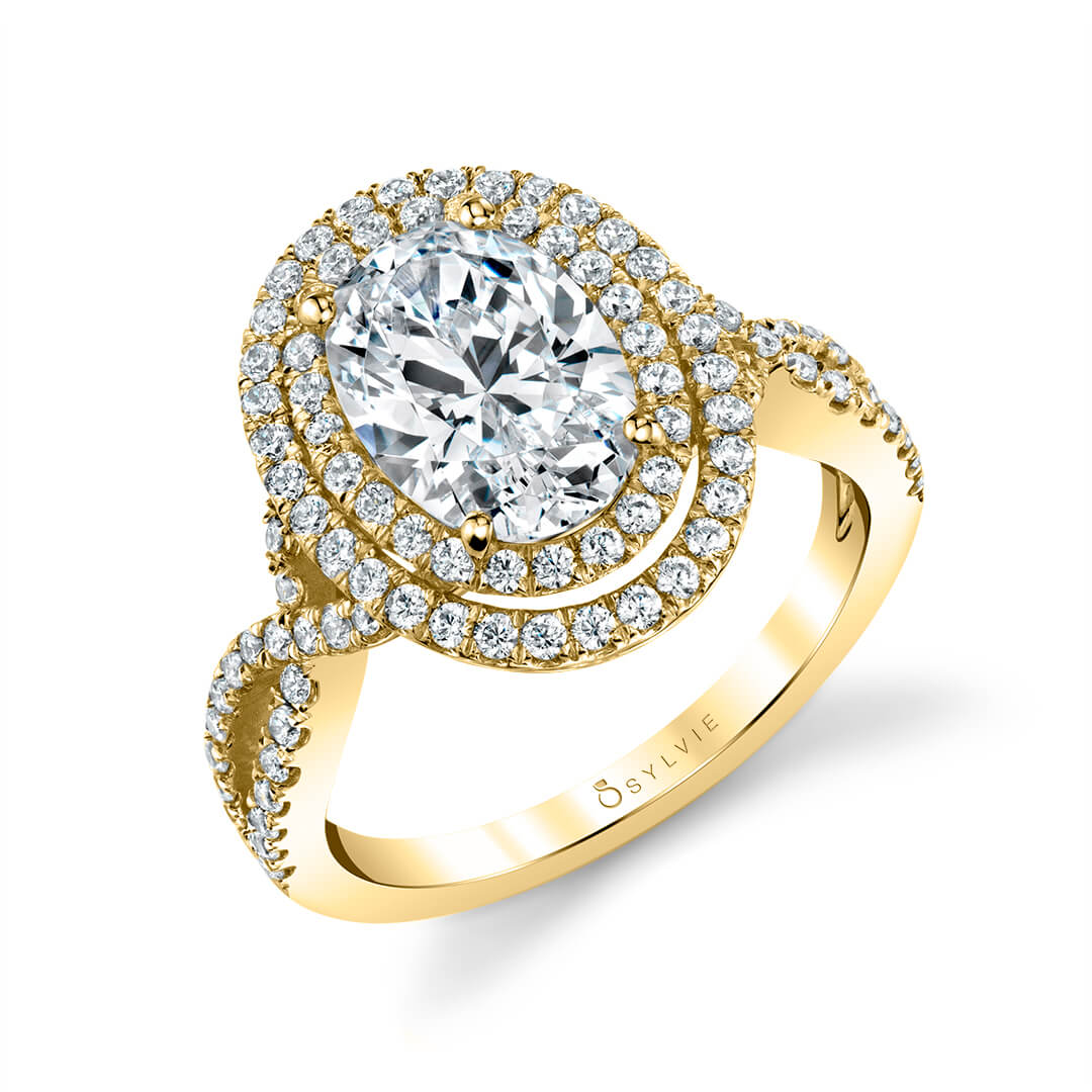 (18K Yellow) Double Halo Split Shank Engagement Ring