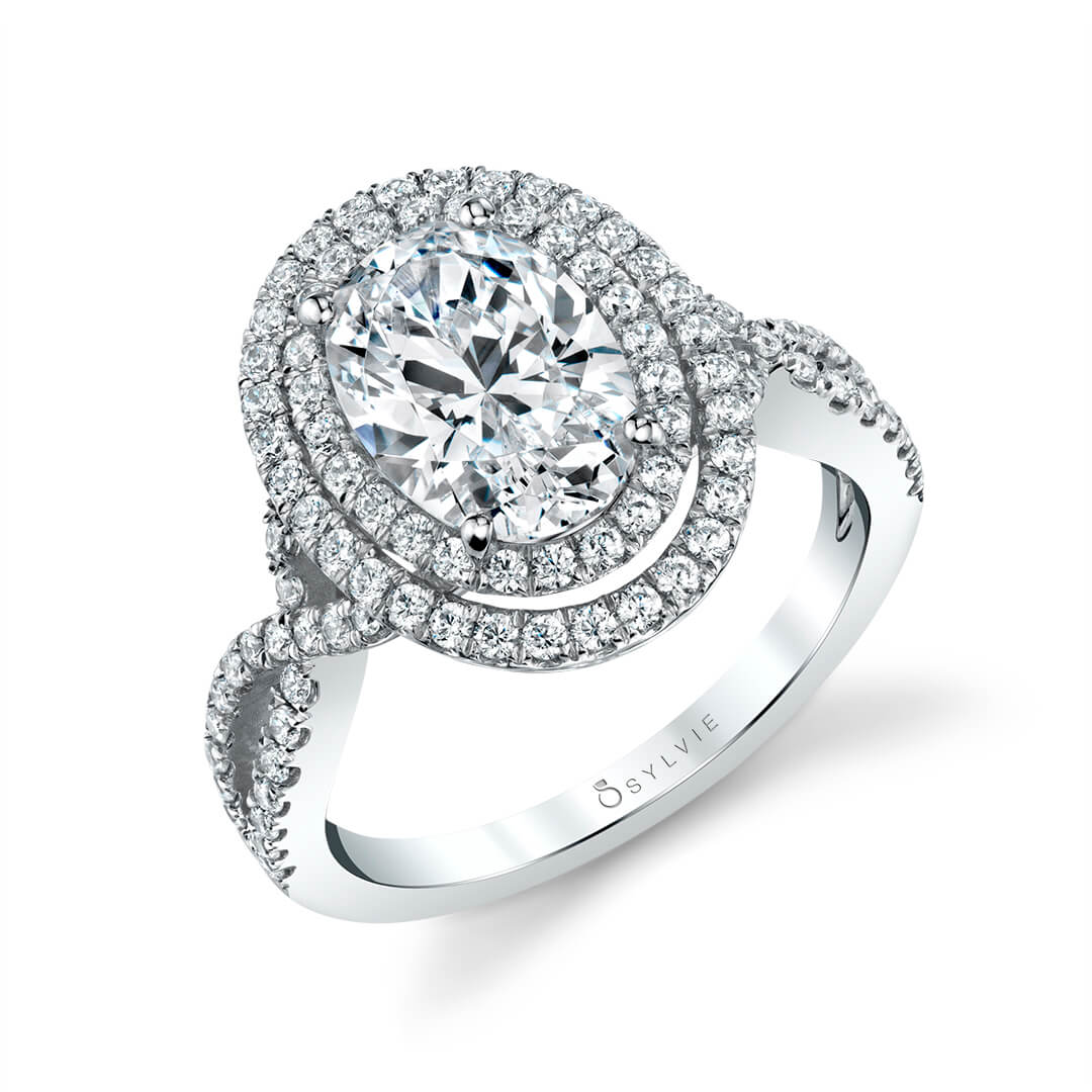 (Platinum White) Double Halo Split Shank Engagement Ring