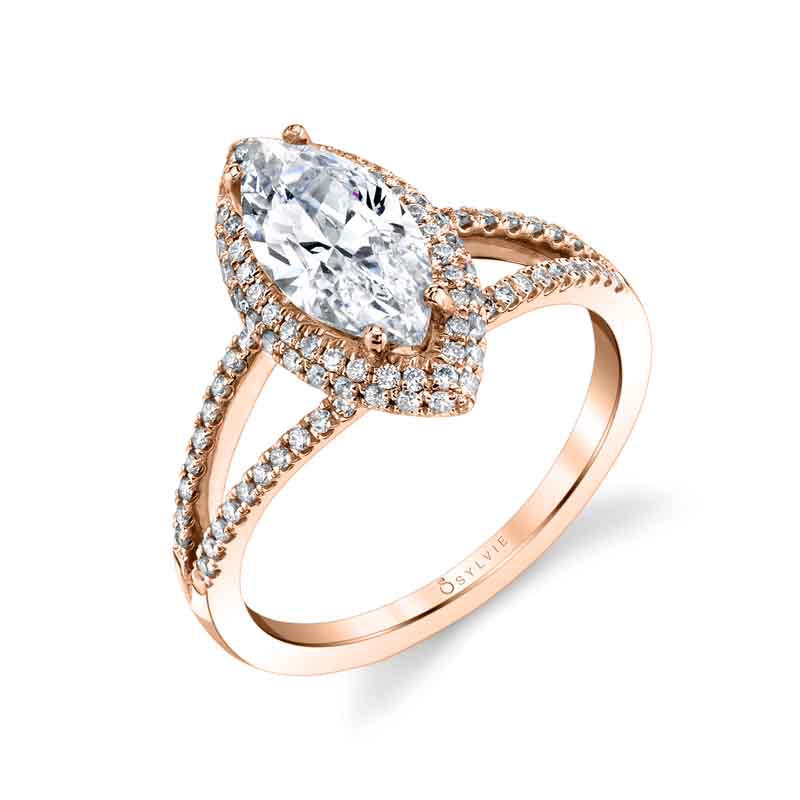(14K Rose) Clarinda - Marquise Shaped Engagement Ring with Split Shank