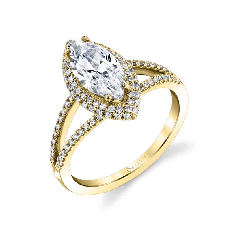 (14K Yellow) Clarinda - Marquise Shaped Engagement Ring with Split Shank