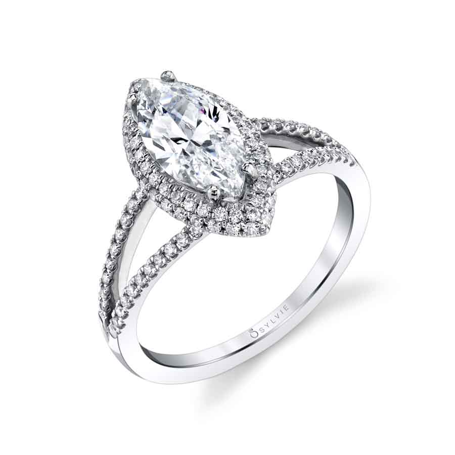 (Platinum White) Clarinda - Marquise Shaped Engagement Ring with Split Shank