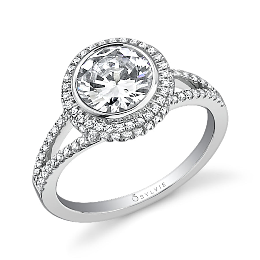 (18K White) Double Halo Split Shank Engagement Ring
