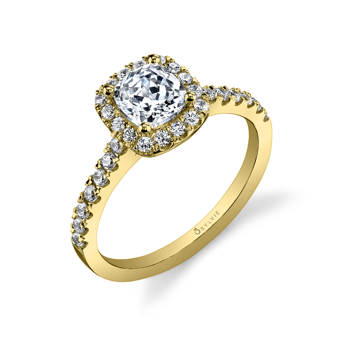 (14K Yellow) Cushion Cut Classic Halo Engagement Ring - Chantelle